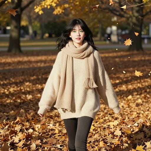 Photograph of a smiling Asian woman with black hair, wearing a beige scarf and sweater, black pants, walking through a autumn park with falling leaves.