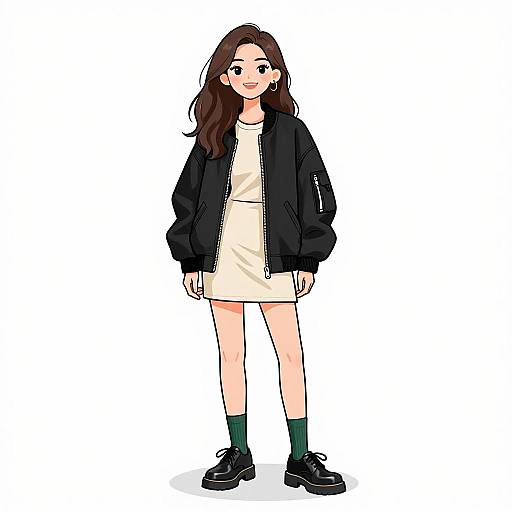 Digital anime-style drawing of a smiling young woman with long brown hair, wearing a black jacket, white dress, green socks, and black shoes, standing