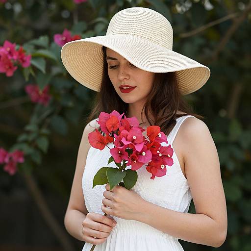 Photograph of a fair-skinned woman with red lipstick, wearing a white dress and large straw hat, holding vibrant pink bougainvillea flowers,