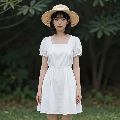 Photograph of an Asian woman with short black hair, wearing a white dress and straw hat, standing in a green, leafy garden.