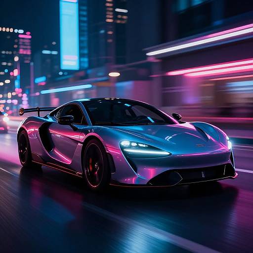 Photograph of a neon-lit, silver sports car speeding through a vibrant, futuristic city at night with colorful light trails.