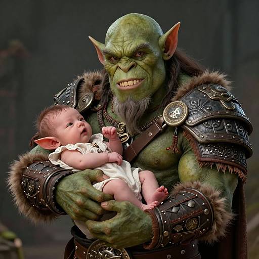 Digital artwork of a green-skinned orc with fur-trimmed armor holding a baby in a white dress, both with pointed ears.