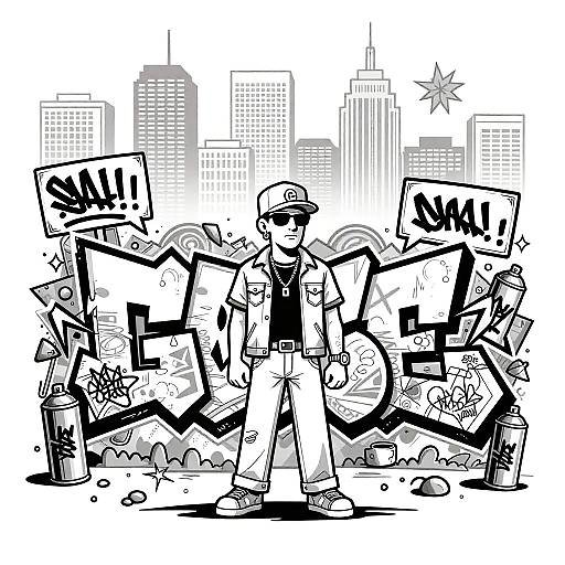 Black-and-white digital drawing of a graffiti artist in a cap and shirt, standing in front of a city skyline with bold, stylized 