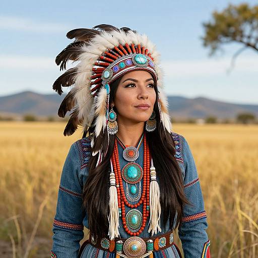Photograph of a young woman with medium brown skin and long black hair, wearing traditional Native American regalia with colorful feathers, turquoise jewelry, and blue