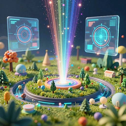 CGI digital art of a glowing, multicolored laser beam emerging from a circular platform in a vibrant, miniature forest scene with holographic control screens