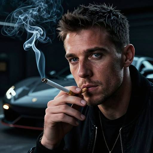 Photograph of a rugged, blue-eyed man with short brown hair, smoking a cigarette, in a dimly lit garage with a blurred car in the