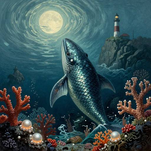 Digital painting of a large, shimmering fish swimming underwater at night, with a glowing moon, lighthouse on a rocky cliff, and colorful coral reefs