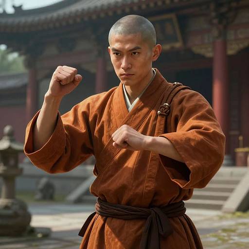 Photograph of a young, bald martial artist in a brown gi, performing a double fist punch in a traditional Asian temple courtyard.