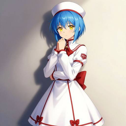 Digital anime-style drawing of a blue-haired girl with yellow eyes in a white nurse uniform with red bows and a hat, standing against a shadowed wall