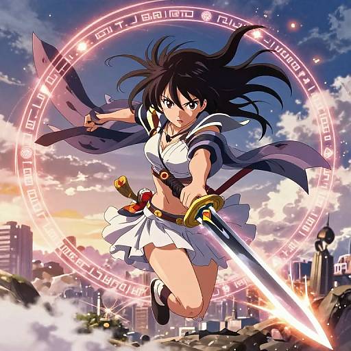 Anime-style digital illustration: Black-haired female warrior in white sailor uniform, holding glowing sword, mid-jump, surrounded by magical circle, cityscape with