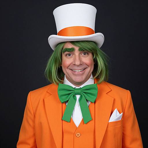 Photograph of a smiling man with green hair, wearing an orange suit, green bow tie, white shirt, white top hat with orange band, and