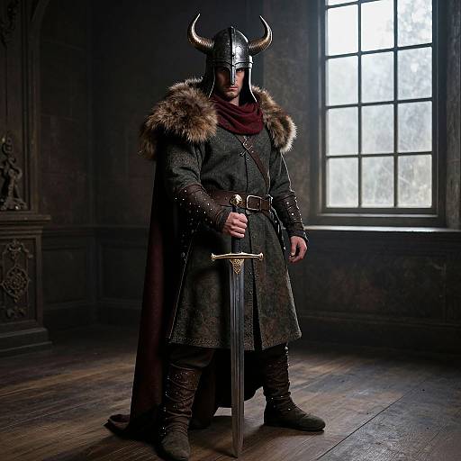 Photograph of a medieval knight in dark armor with horned helmet, fur-trimmed cloak, holding a sword in dimly lit, wooden room