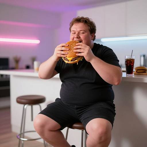 Photograph of a chubby, fair-skinned man with curly brown hair, wearing a black t-shirt and shorts, eating a large burger at a modern