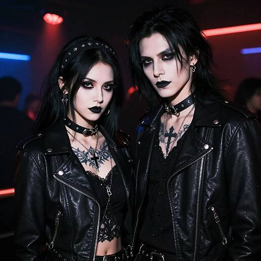 Photograph of two gothic women with pale skin, black leather jackets, dark makeup, and tattoos, standing side by side in a neon-lit