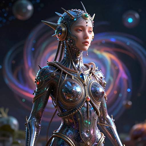 Cosmic Female Android with Psychedelic Background