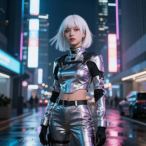 Cyberpunk city street at night, woman with white bob haircut, wearing shiny silver metallic crop top and high-waisted pants, black gloves,