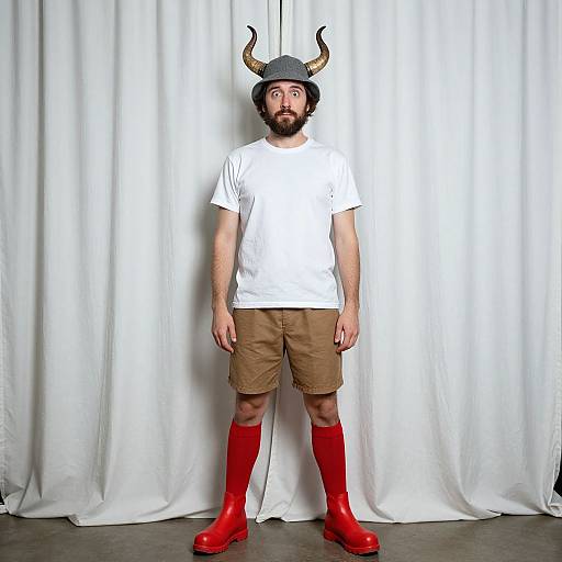 Photograph of a bearded man in a white t-shirt, beige shorts, red knee-high boots, and a black hat with horn-like decorations,