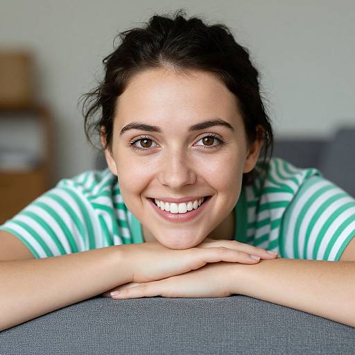 Photograph of a smiling young woman with fair skin, dark hair, and brown eyes, wearing a green and white striped shirt, resting her hands on
