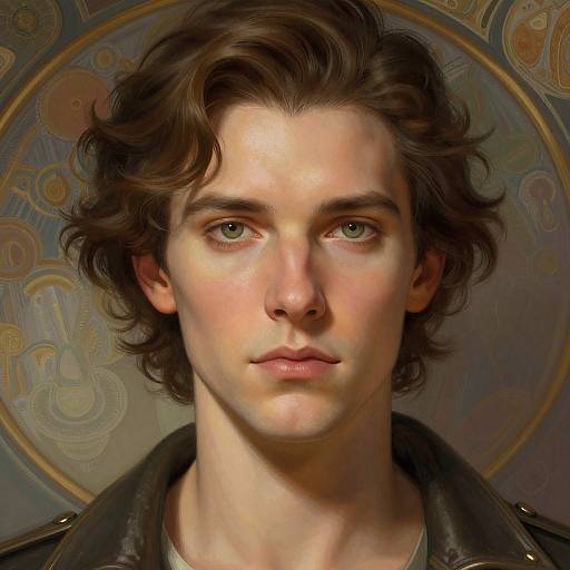 Digital portrait of a young, fair-skinned man with wavy brown hair, green eyes, and a serious expression, wearing a black leather jacket,