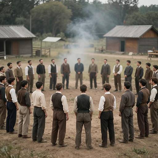 Group of Men in Early 20th Century Attire in Rustic Setting