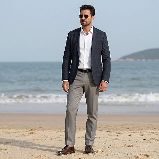 Photograph of a handsome man with dark hair and beard, wearing sunglasses, navy blazer, white shirt, gray pants, brown shoes, standing on