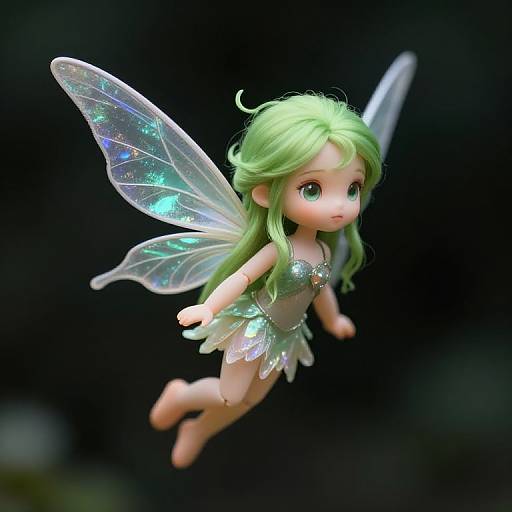Photorealistic CGI of a green-haired fairy child with glowing, iridescent wings, wearing a sparkling, translucent dress, floating against a dark background