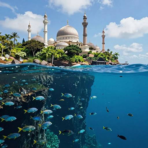 Photograph of a grand mosque with domes and minarets, surrounded by lush greenery, partially submerged underwater, with schools of blue fish swimming
