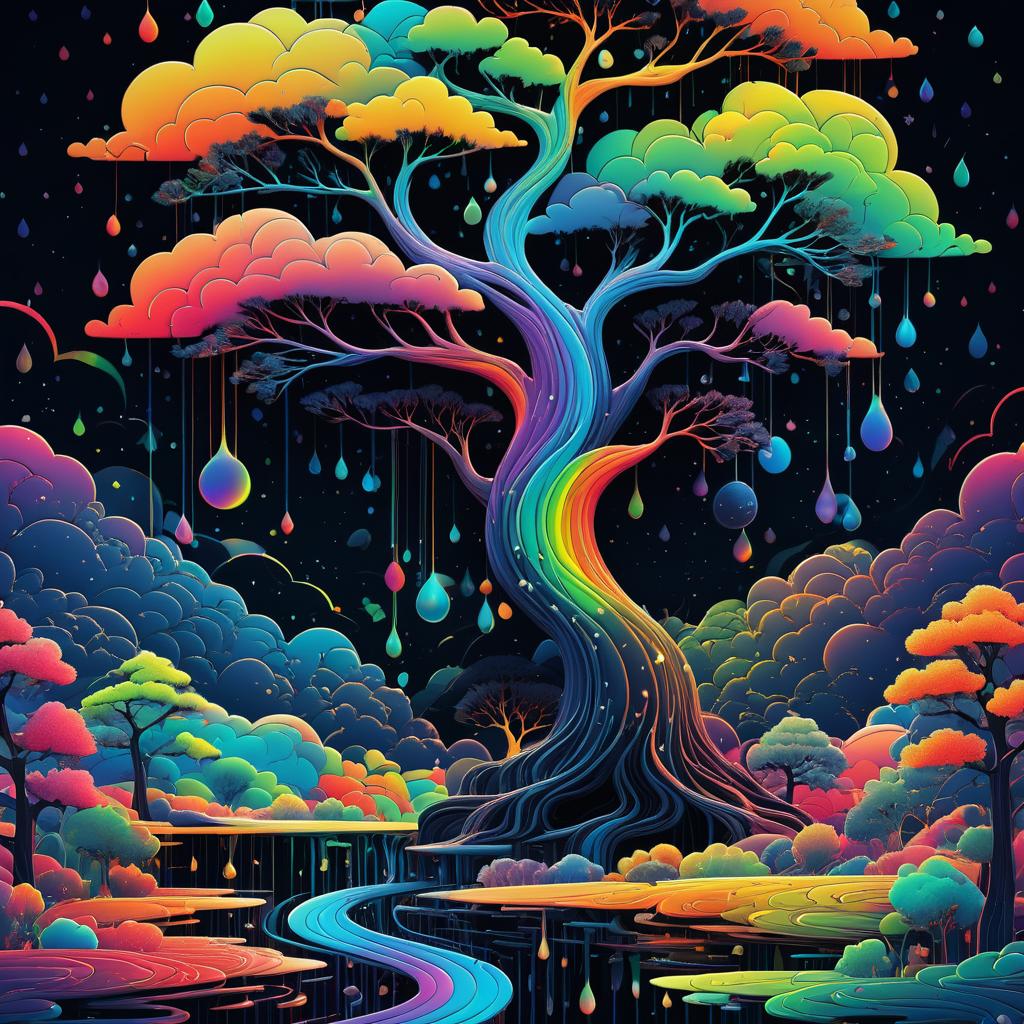 Whimsical Tree with Rainbow Clouds