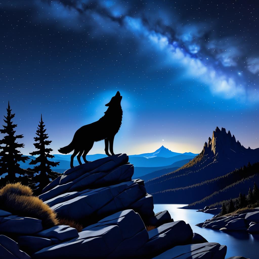 Sleek Wolf Howling Under Starry Sky