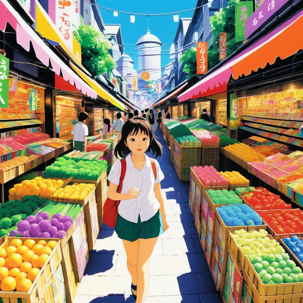 Curious Girl in a Vibrant Marketplace