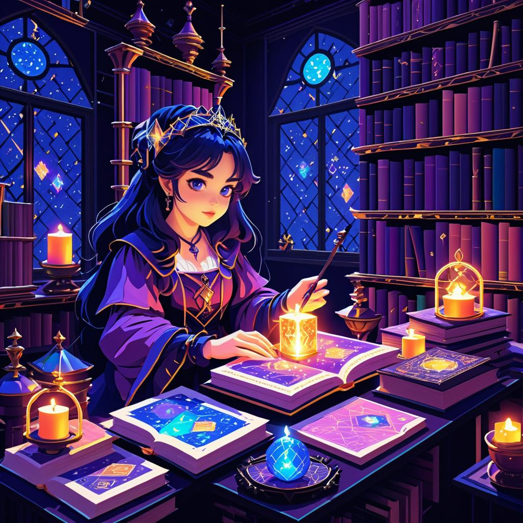 Pixelated Anime Sorceress in Enchanted Study