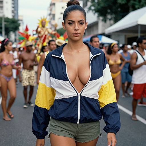 Photograph of a confident, dark-haired woman with tan skin, wearing a low-cut, striped jacket and green shorts, standing in a crowded, sunny