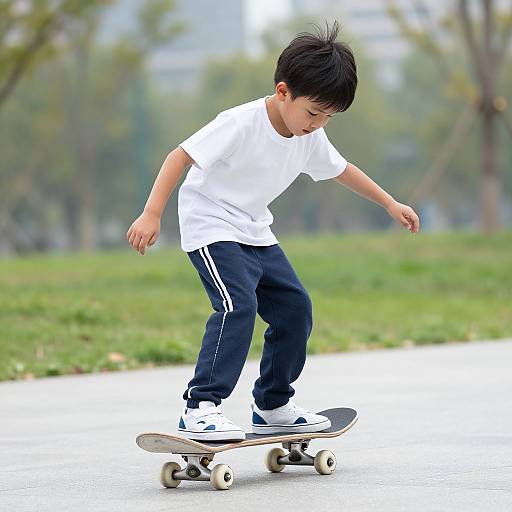 Young Asian boy with black hair skateboarding on a concrete path in a green park, wearing a white t-shirt and black tracksuit.