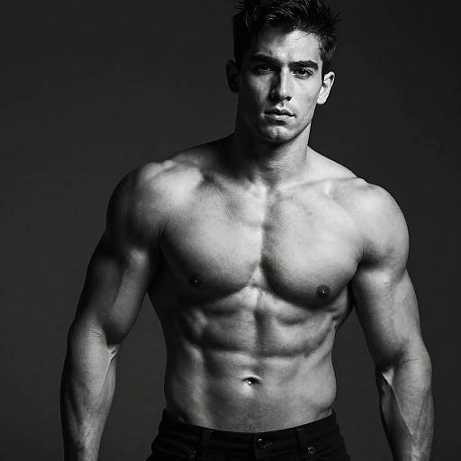 Black-and-white photograph of a muscular, shirtless man with short dark hair, standing against a dark background, highlighting his defined chest and abs.