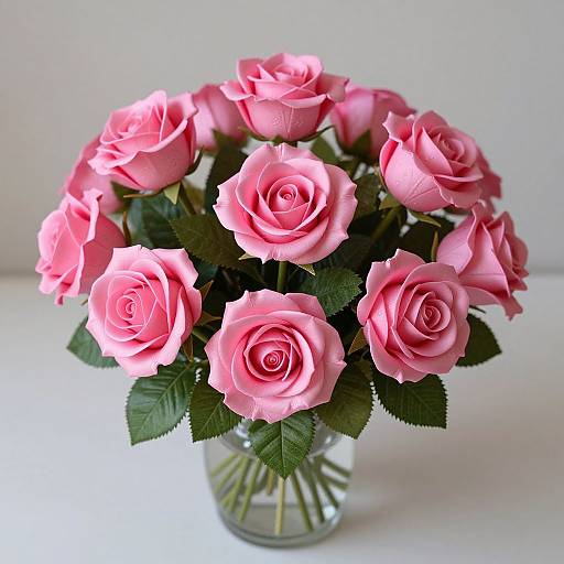 Photograph of a clear glass vase filled with 12 pink roses, each with delicate, layered petals and surrounded by green leaves, set against a plain