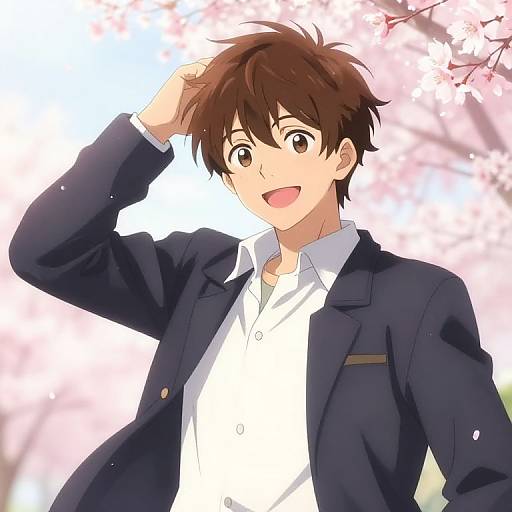 Anime-style digital illustration of a cheerful brown-haired boy in a navy blazer and white shirt, saluting with a bright smile, against a background of