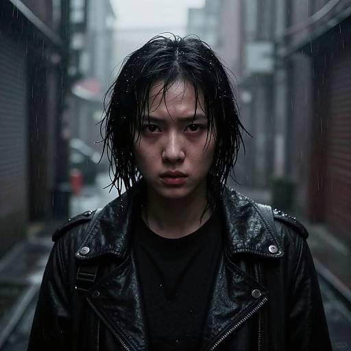 Intense Gaze in Rainy Noir Alley