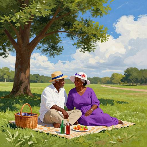 Photograph of elderly Black couple sitting on a picnic blanket under a tree, wearing summer clothes, with a basket, drinks, and fruit. Bright blue