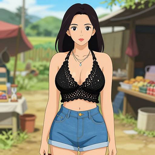 Anime-style digital drawing of a black-haired woman with fair skin, wearing a lacy black crop top and blue denim shorts, standing in a sunny,