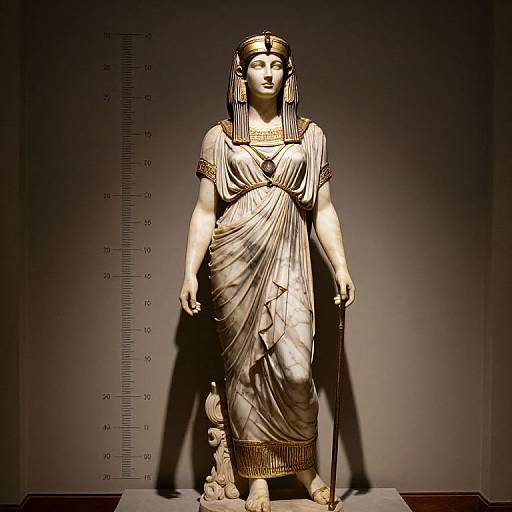 Photograph of a golden statue of an ancient Egyptian woman, standing upright, wearing a detailed dress, headdress, and holding a staff, with a