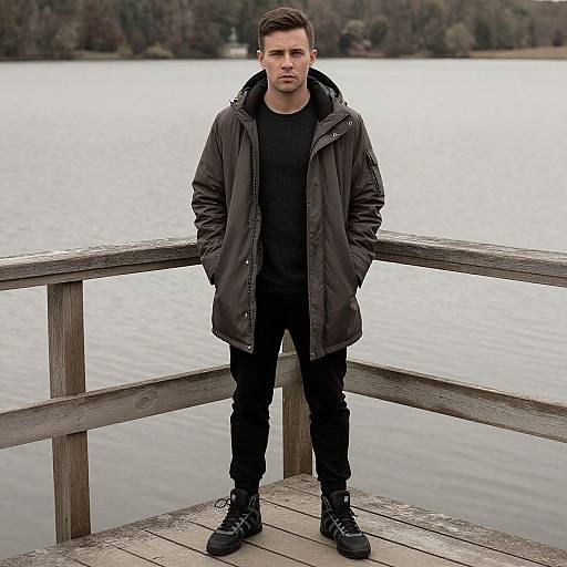 Photograph of a serious-looking young man in a black coat and jeans, standing on a wooden dock by a calm lake.