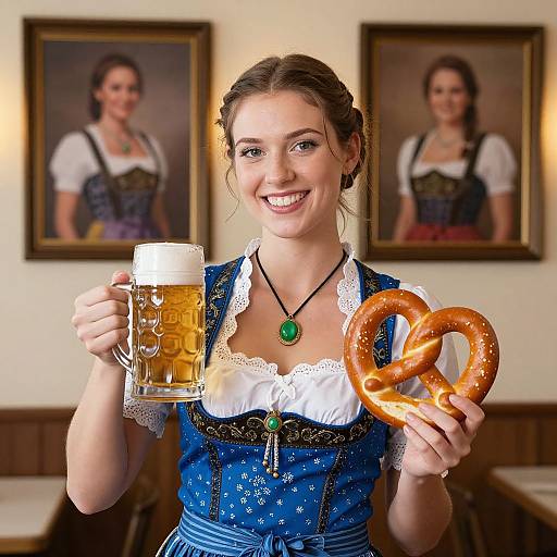 Photograph of a smiling young woman in traditional Bavarian attire, holding a beer mug and a pretzel, with framed portraits of similar women in the