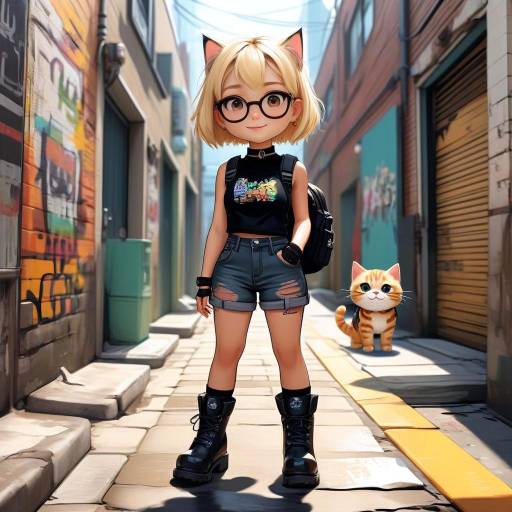 Anime Style Girl with Cat Ears in Urban Alley