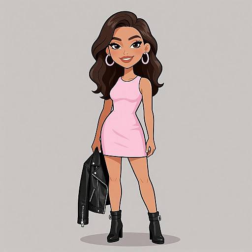 Cartoon-style drawing of a smiling woman with long brown hair, wearing a pink sleeveless dress, black boots, and holding a black leather jacket.