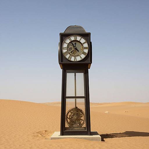 Photograph of a black, vintage-style clock with visible gears, standing in a clear, sandy desert under a bright blue sky.