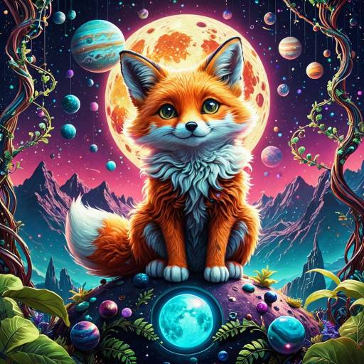 Cute Alien Fox on Jupiter with Surreal Space Landscape