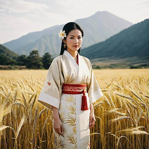 Asian Woman in Traditional Kimono in Wheat Field