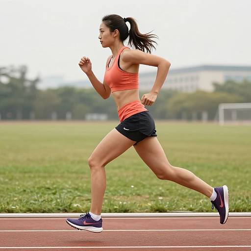 Photograph of a fit, Asian woman with black hair in a ponytail, wearing an orange sports bra, black shorts, and purple sneakers, running