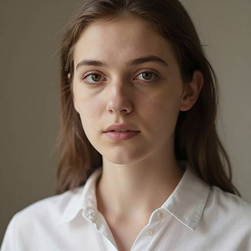 Photograph of a young woman with light skin, straight brown hair, and brown eyes, wearing a white button-up shirt, looking directly at the camera