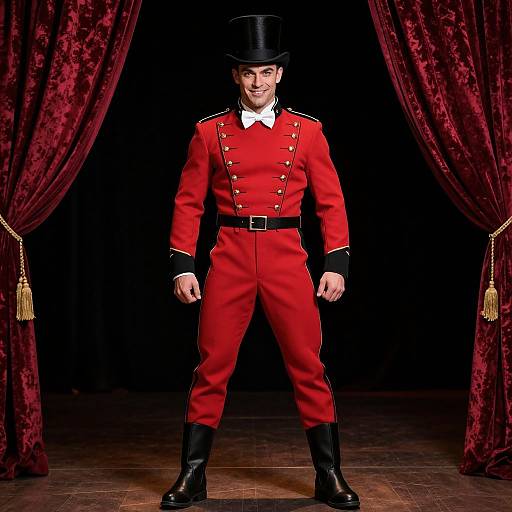Charismatic Man in Red Military Uniform on Stage